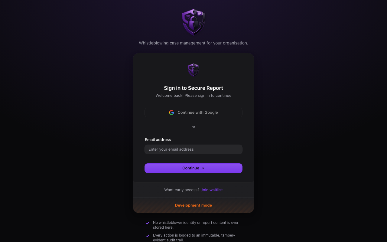 The Secure Report sign-in screen