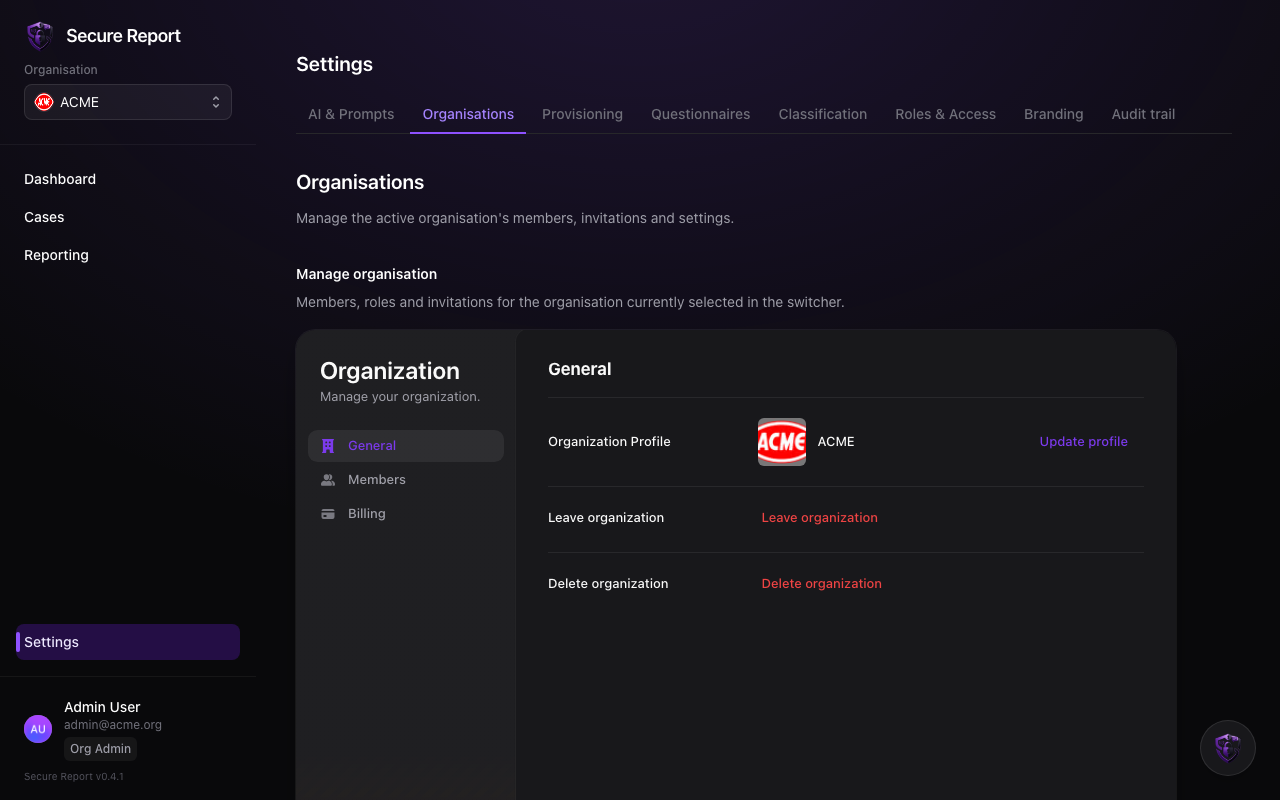 Organisation settings